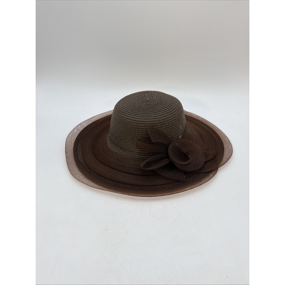 brown straw sun hat with a matching bow accent and a sheer organza wide brim